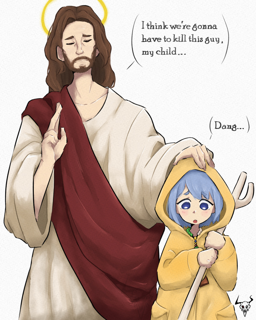 1boy, 1girl, absurdres, bead_necklace, beads, beard, blue_eyes, blue_hair