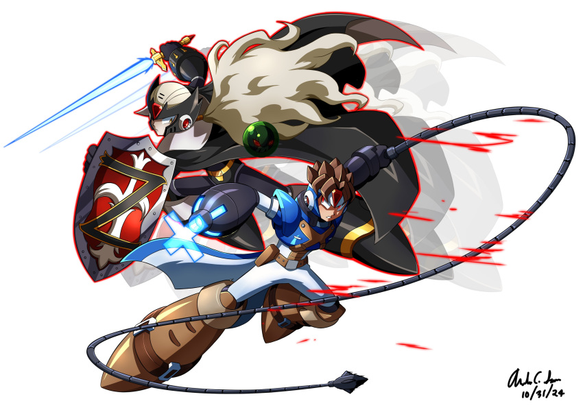 2boys, absurdres, afterimage, alucard_(castlevania), alucard_(castlevania)_(cosplay), arm_cannon, armor, black_cape