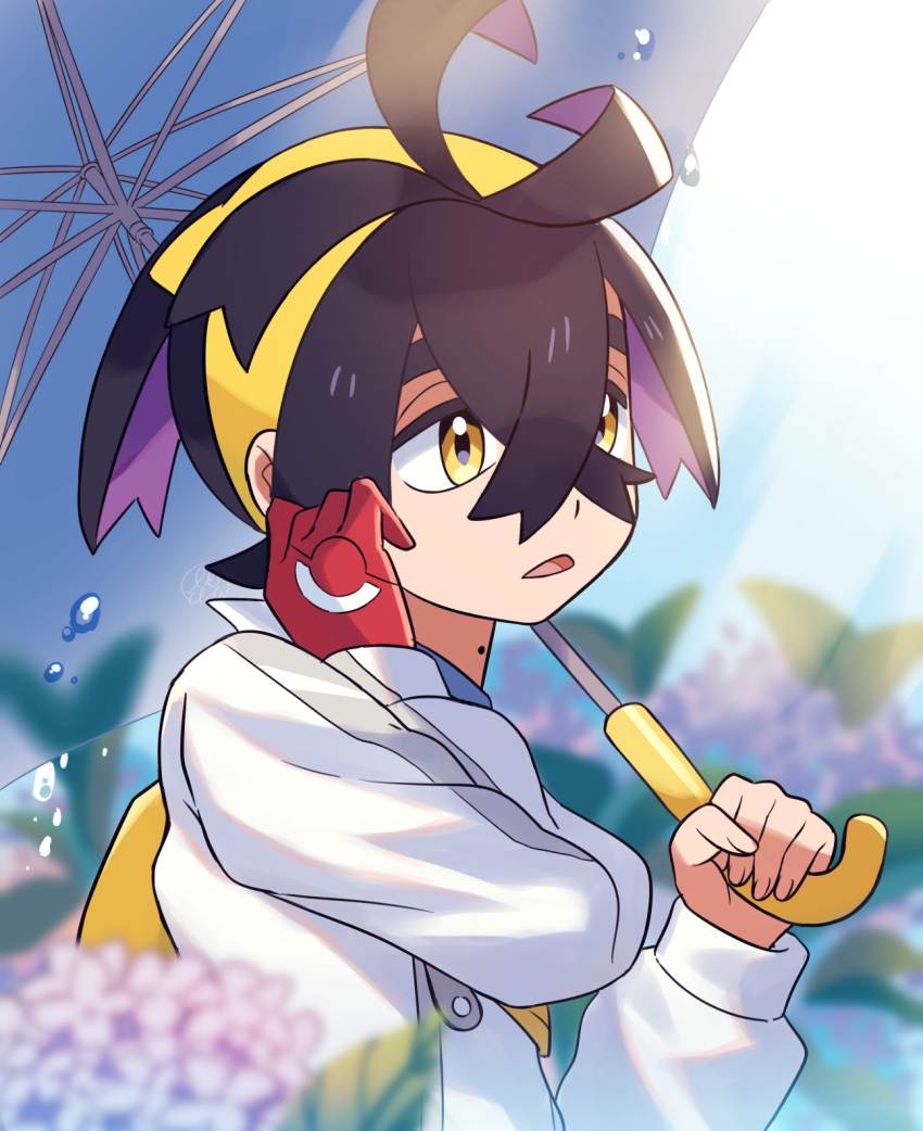 1boy, blurry, crossed_bangs, day, depth_of_field, flower, gloves, hair_between_eyes