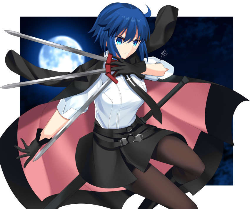 1girl, absurdres, black_gloves, black_jacket, blue_eyes, blue_hair, breasts, c.i.e.l_(fate)