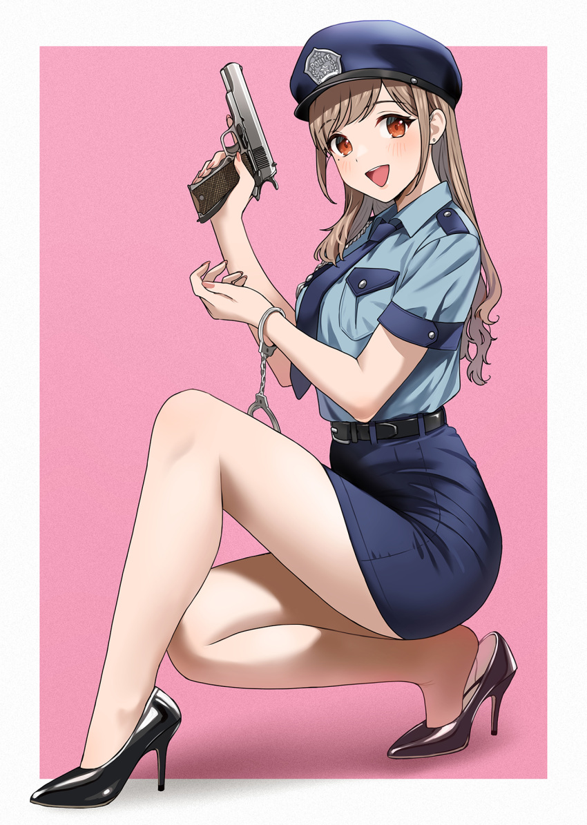 1girl, akaori_umeka, bare_legs, belt, belt_buckle, blue_shirt, blue_skirt, blush