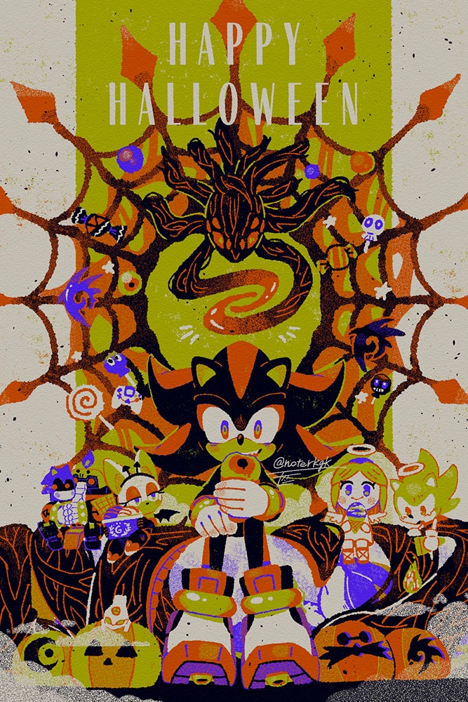 2girls, 3boys, :d, angel, angel_wings, ankle_boots, artificial_chaos, artist_name, bat_girl, bat_wings, black_arms_insignia, black_fur, blonde_hair, blue_eyes, boots, bracelet, candy, closed_mouth, commentary, controller, doom_morph, dreamcast_controller, dress, dropped_food, e-123_omega, eyeball, eyeshadow, fake_horns, fog, food, furry, furry_female, furry_male, gloves, gradient_eyes, hairband, half-closed_eyes, halloween, halloween_costume, halo, happy_halloween, hedgehog_boy, horns, ice_cream, ice_cream_cone, jewelry, limited_palette, lollipop, looking_at_viewer, makeup, maria_robotnik, metal_sonic, multicolored_eyes, multiple_boys, multiple_girls, noto_(noterkgk), open_mouth, orange_eyeshadow, pumpkin, red_eyes, red_fur, robot, shadow_the_hedgehog, shoes, signature, silk, simple_background, sitting, smile, sonic_(series), sonic_the_hedgehog, spider_web, star_(symbol), super_sonic, symbol-only_commentary, twitter_username, two-tone_background, white_background, white_dress, white_footwear, white_gloves, wings, yellow_background