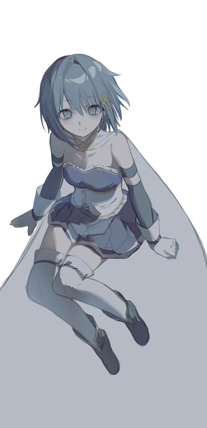 1girl, armlet, bare_shoulders, belt, belt_buckle, black_sleeves, blue_belt, blue_eyes