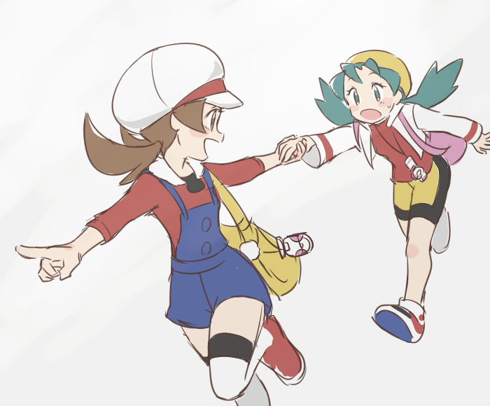 2girls, 35yado, :d, :o, aqua_eyes, aqua_hair, backpack, bag, black_shorts, blue_overalls, brown_eyes, brown_hair, cabbie_hat, handbag, hat, holding_hands, index_finger_raised, jacket, kris_(pokemon), leg_up, long_hair, long_sleeves, looking_at_another, lyra_(pokemon), multiple_girls, open_clothes, open_jacket, open_mouth, overalls, pink_bag, pokegear, pokemon, pokemon_gsc, pokemon_hgss, running, shorts, simple_background, sleeves_past_elbows, smile, thigh-highs, twintails, two-tone_shorts, white_background, white_jacket, yellow_bag, yellow_hat, yellow_shorts