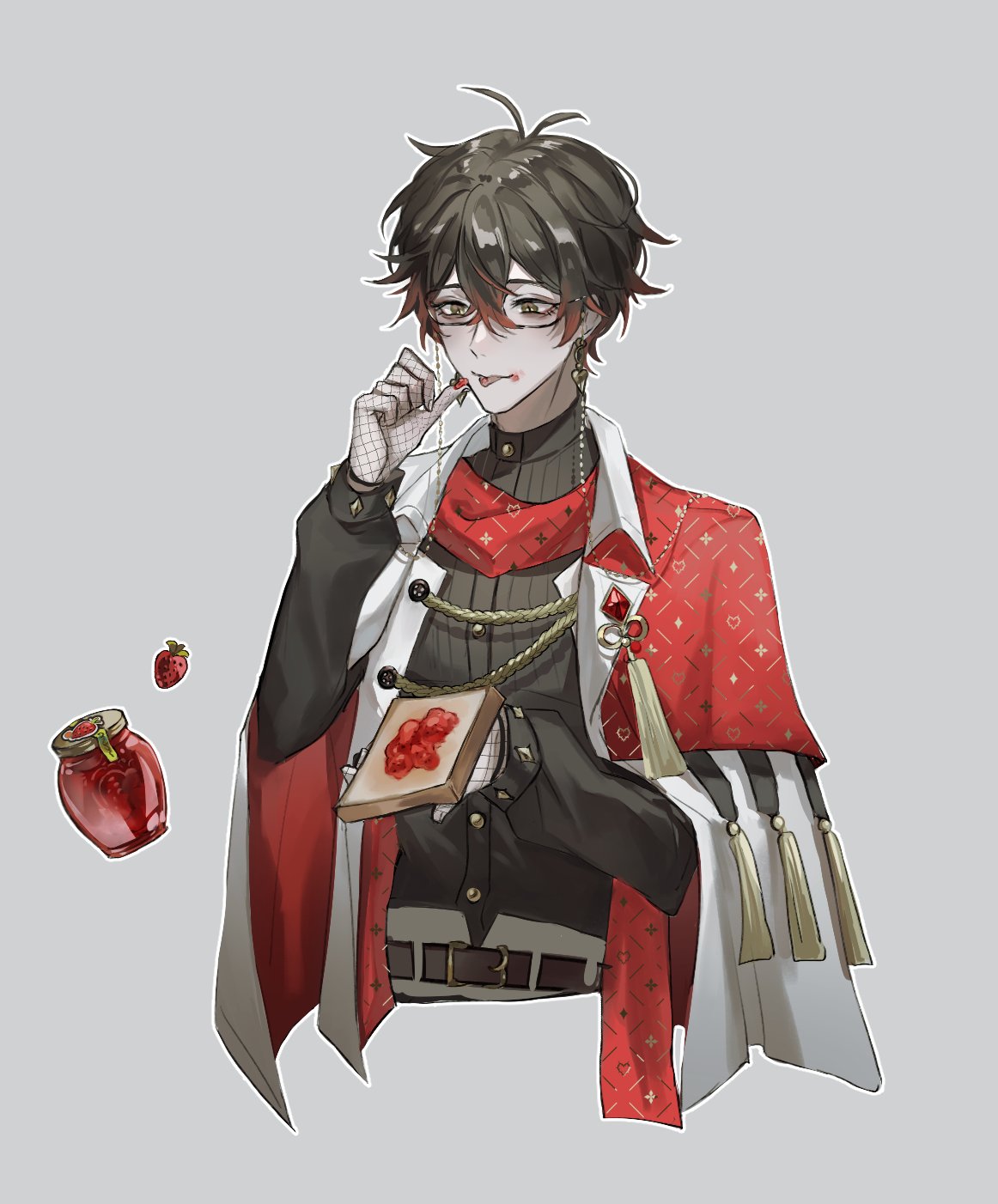 1boy, belt, black_shirt, bread, bread_slice, brown_belt, brown_hair, closed_mouth