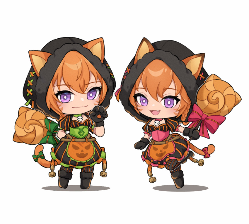 2girls, animal_ears, animal_hands, apron, belt, black_hood, bow, brown_belt, candy, cat_ears, cat_girl, cat_paws, cat_tail, chibi, choker, commission, commissioner_upload, dress, facial_mark, fang, fire_emblem, fire_emblem:_path_of_radiance, fire_emblem:_radiant_dawn, fire_emblem_heroes, food, green_choker, halloween_costume, jack-o'-lantern_print, laguz_(fire_emblem), lethe, lethe_(fire_emblem), lethe_(halloween)_(fire_emblem), lollipop, lyre_(fire_emblem), multiple_girls, orange_apron, orange_hair, orange_tail, pink_choker, siblings, sisters, skull_choker, standing, standing_on_one_leg, striped_clothes, striped_dress, striped_leggings, tail, twins, vertical-striped_leggings, violet_eyes, whisker_markings, white_background, witchi