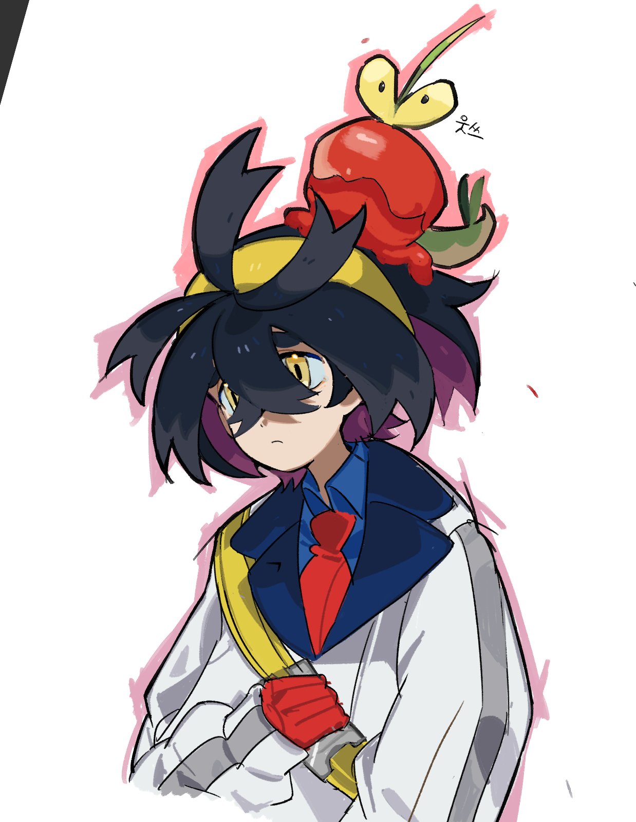 1boy, black_hair, blue_shirt, closed_mouth, collared_shirt, crossed_bangs, dipplin, gloves, hair_between_eyes, hairband, highres, jacket, jeogem_yae_(eungu1798160731), kieran_(pokemon), korean_text, long_sleeves, male_focus, multicolored_hair, pokemon, pokemon_sv, purple_hair, red_gloves, shirt, simple_background, translation_request, upper_body, white_background, yellow_eyes, yellow_hairband