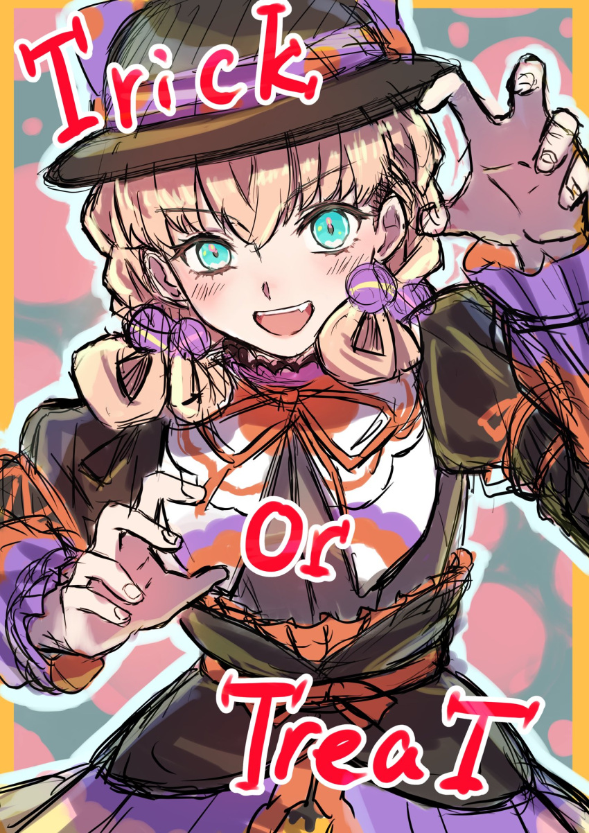 1girl, :d, aqua_eyes, black_shirt, border, claw_pose, commentary, crossed_bangs