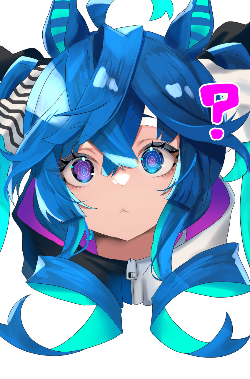 1girl, ?, @_@, absurdres, ahoge, animal_ears, aqua_hair, black_ribbon