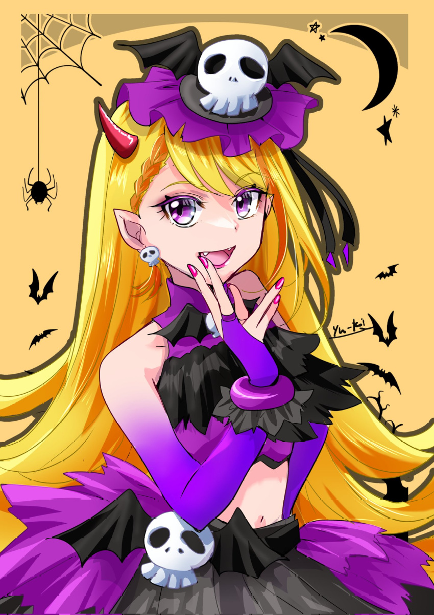 1girl, adapted_costume, bat_(animal), bat_brooch, black_shirt, black_skirt, blonde_hair, braid, braided_bangs, bridal_veil, bug, commentary, crescent_moon, cropped_shirt, cure_butterfly, earrings, elbow_gloves, fangs, frilled_shirt, frills, gloves, halloween_costume, hat, hat_ornament, highres, hijiri_ageha, hirogaru_sky!_precure, jewelry, lips, long_hair, looking_at_viewer, magical_girl, manekineko5319, midriff, mob_cap, moon, multicolored_hair, navel, orange_hair, pointy_ears, precure, purple_gloves, purple_hat, purple_shirt, purple_skirt, shirt, silk, skirt, skull_earrings, skull_hat_ornament, skull_ornament, sleeveless, sleeveless_shirt, solo, spider, spider_web, standing, streaked_hair, two-tone_shirt, two-tone_skirt, veil, very_long_hair, violet_eyes