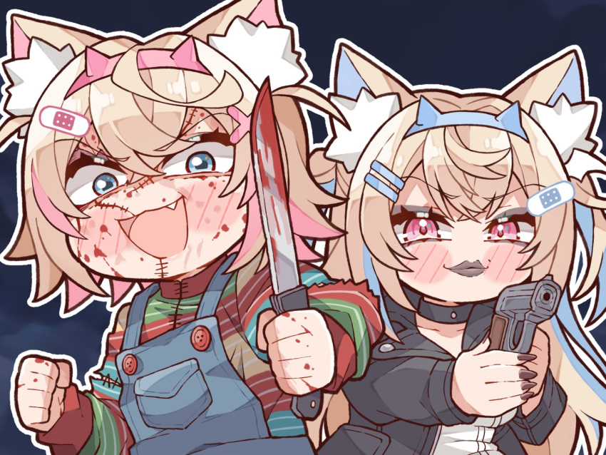 2girls, aiming, alternate_costume, animal_ear_fluff, animal_ears, black_eyeshadow, black_jacket, black_lips, blonde_hair, blood, blood_on_hands, blood_on_weapon, blue_eyes, blue_hair, blue_hairband, blue_overalls, blush_stickers, bride_of_chucky, chibi, chibi_only, chucky, chucky_(cosplay), commentary, constricted_pupils, cosplay, crazy_smile, dog_ears, double-parted_bangs, eyeshadow, fake_horns, fuwawa_abyssgard, gun, hair_between_eyes, hair_ornament, hairband, hairclip, halloween, handgun, highres, holding, holding_gun, holding_knife, holding_weapon, hololive, hololive_english, horn_hairband, horns, jacket, knife, kukie-nyan, leather, leather_jacket, long_hair, makeup, mococo_abyssgard, multicolored_hair, multiple_girls, overalls, pink_eyes, pink_hair, pink_hairband, short_hair, siblings, sisters, smile, stitched_face, stitches, streaked_hair, symbol-only_commentary, tiffany_(bride_of_chucky), tiffany_(bride_of_chucky)_(cosplay), twins, two_side_up, virtual_youtuber, weapon, x_hair_ornament