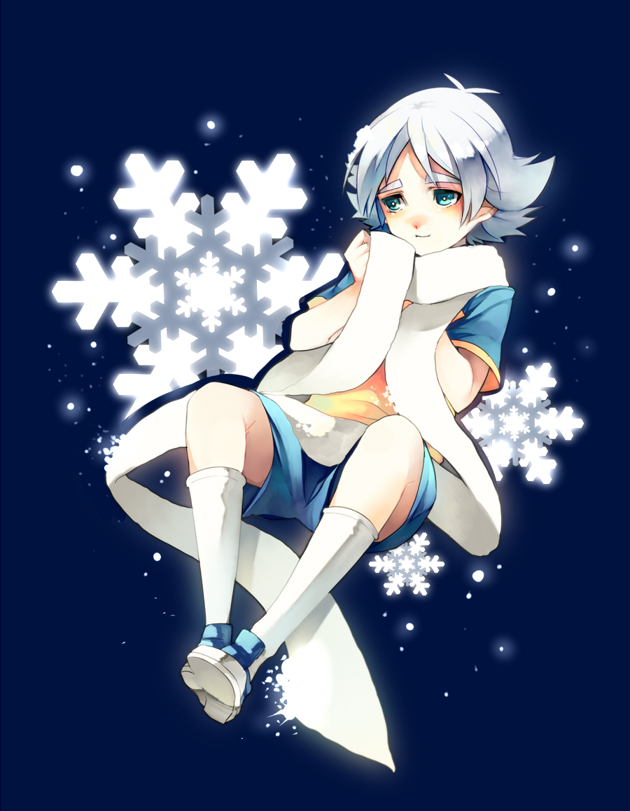 fubuki_shirou, inazuma_eleven, inazuma_eleven_(series), raimon, scarf, sena_(lilium), short_hair, snowflakes, soccer_uniform, tenryou_sena, white_hair