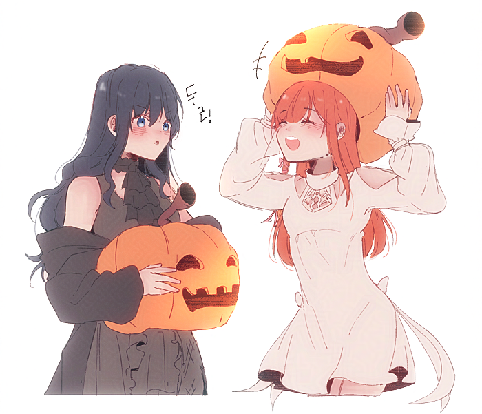 2girls, black_hair, blue_eyes, blush, closed_eyes, closed_mouth, clothing_cutout, commentary_request