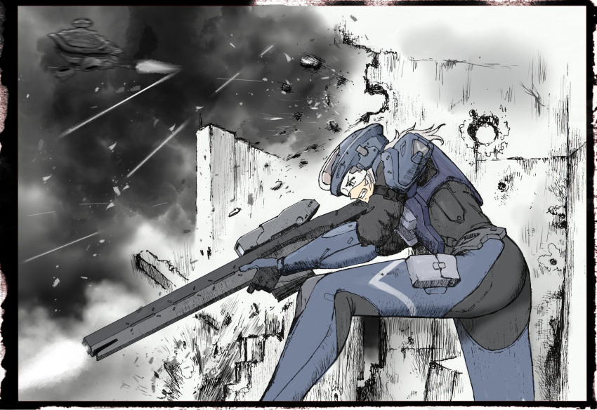 1girl, against_wall, android, armor, armored_bodysuit, battle, black_bodysuit, blue_armor