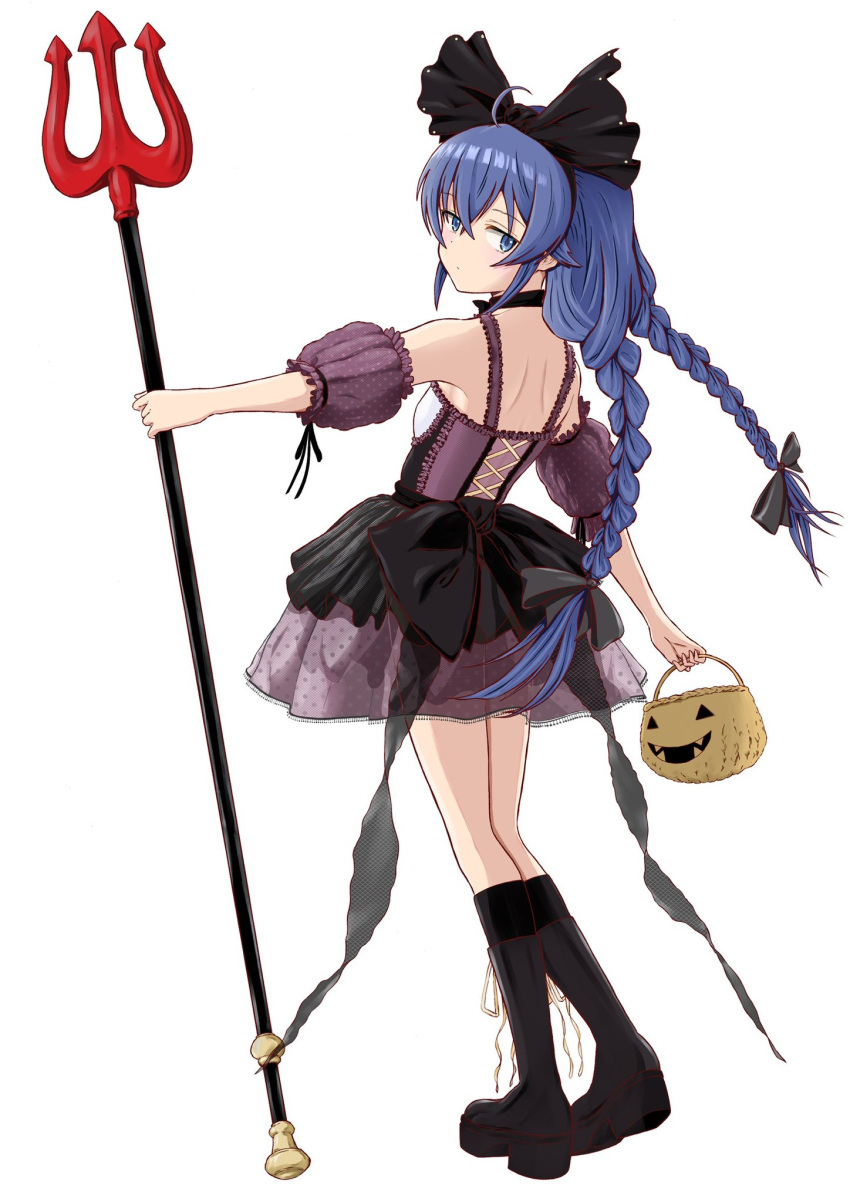 1girl, ahoge, blue_eyes, blue_hair, boots, bow, braid, breasts, detached_sleeves, dress, expressionless, full_body, hair_bow, halloween_costume, highres, holding_trident, long_hair, looking_at_viewer, looking_back, mushoku_tensei, rora_(user_vgpk4444), roxy_migurdia, simple_background, small_breasts, solo, twin_braids, white_background