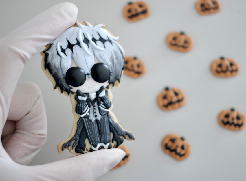 1boy, black_coat, chibi, coat, commentary_request, food_art_(medium), full_body, grey_background