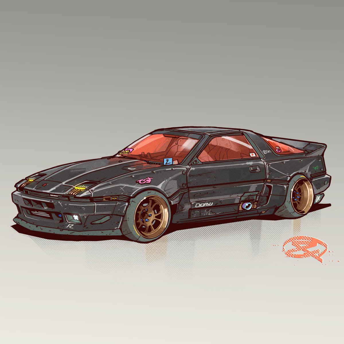 black_car, car, commission, english_commentary, fernando_correa, grey_background, highres, motor_vehicle
