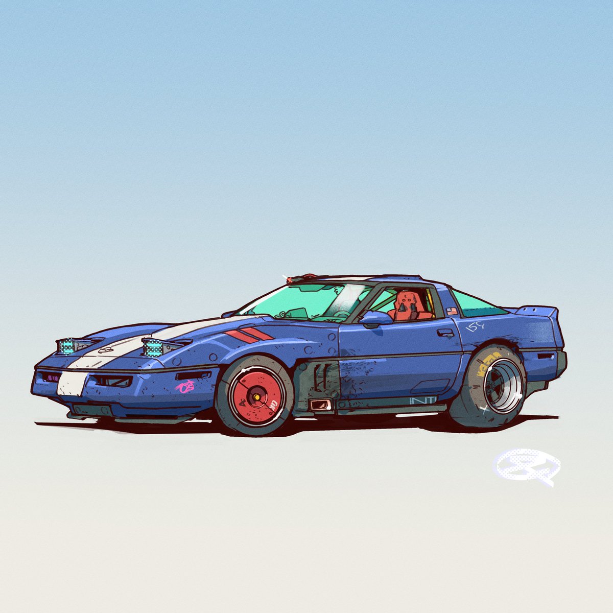 american_flag, blue_car, car, chevrolet, chevrolet_corvette, chevrolet_corvette_c4, commission, english_commentary