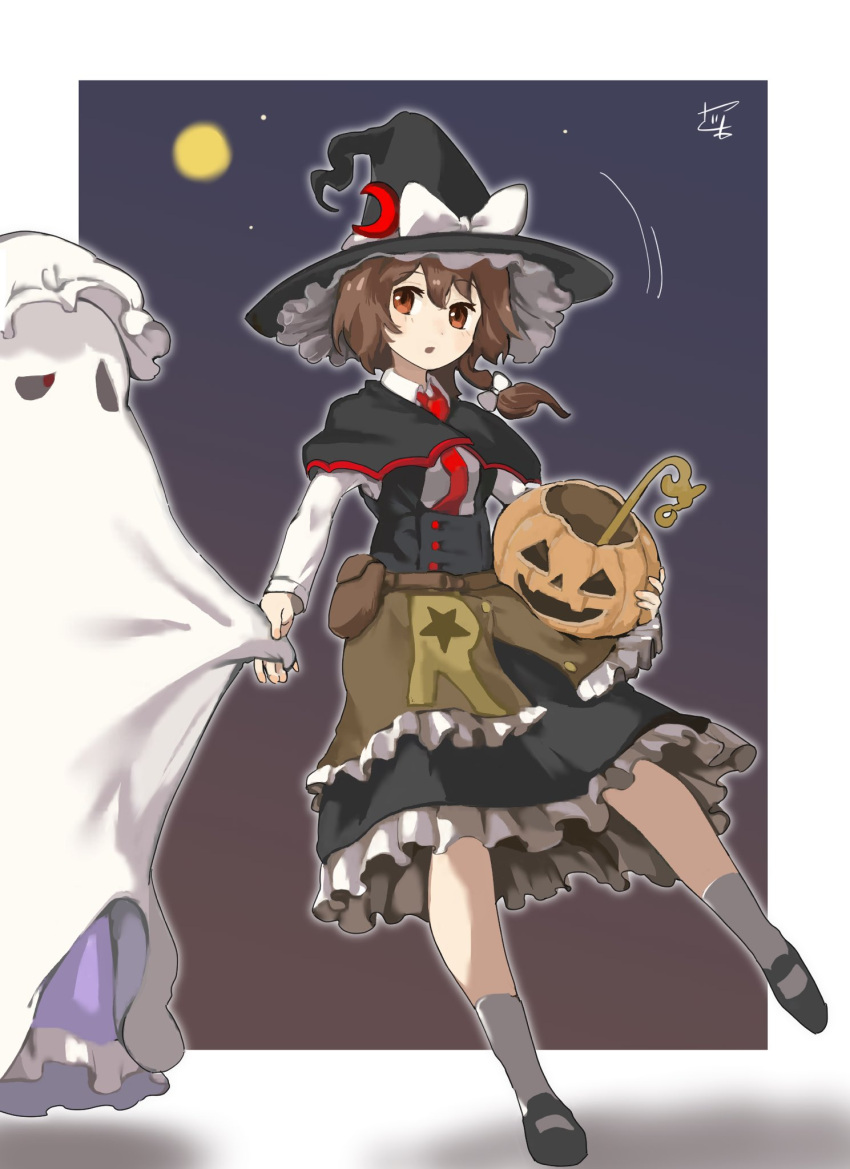 2girls, apron, bag, black_capelet, black_footwear, black_hat, black_vest, bow