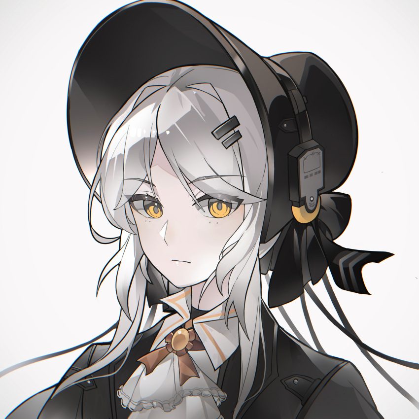 1girl, absurdres, adapted_costume, ascot, black_bonnet, black_bow, black_jacket, bonnet, bow, brooch, chinese_commentary, commentary, expressionless, forehead, grey_background, haicma_(pgr), hair_bow, hair_ornament, hairclip, highres, jacket, jewelry, looking_at_viewer, mole, mole_under_each_eye, mole_under_eye, multiple_moles, parted_bangs, portrait, punishing:_gray_raven, sideways_glance, simple_background, solo, ting_zhi_yue, updo, white_ascot, white_hair, yellow_eyes
