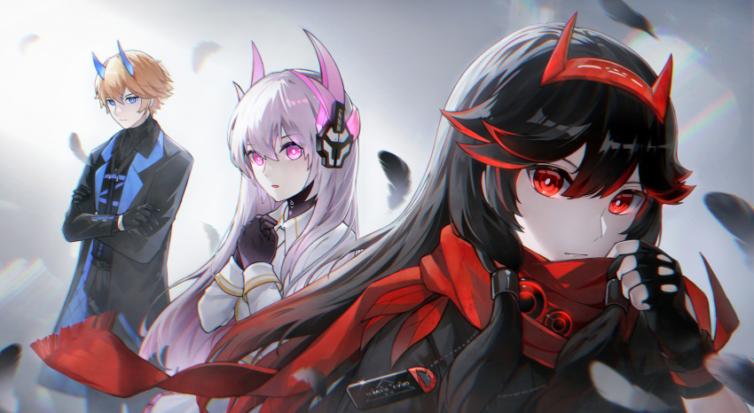 1boy, 2girls, :o, absurdres, black_coat, black_feathers, black_gloves, black_hair