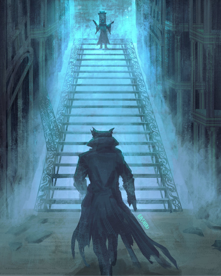 1boy, 1other, arms_up, artist_name, black_coat, bloodborne, boss_fight, coat, commentary, english_commentary, highres, hunter_(bloodborne), indoors, mensis_cage, micolash_host_of_the_nightmare, rashuu, running, stairs, twitter_username