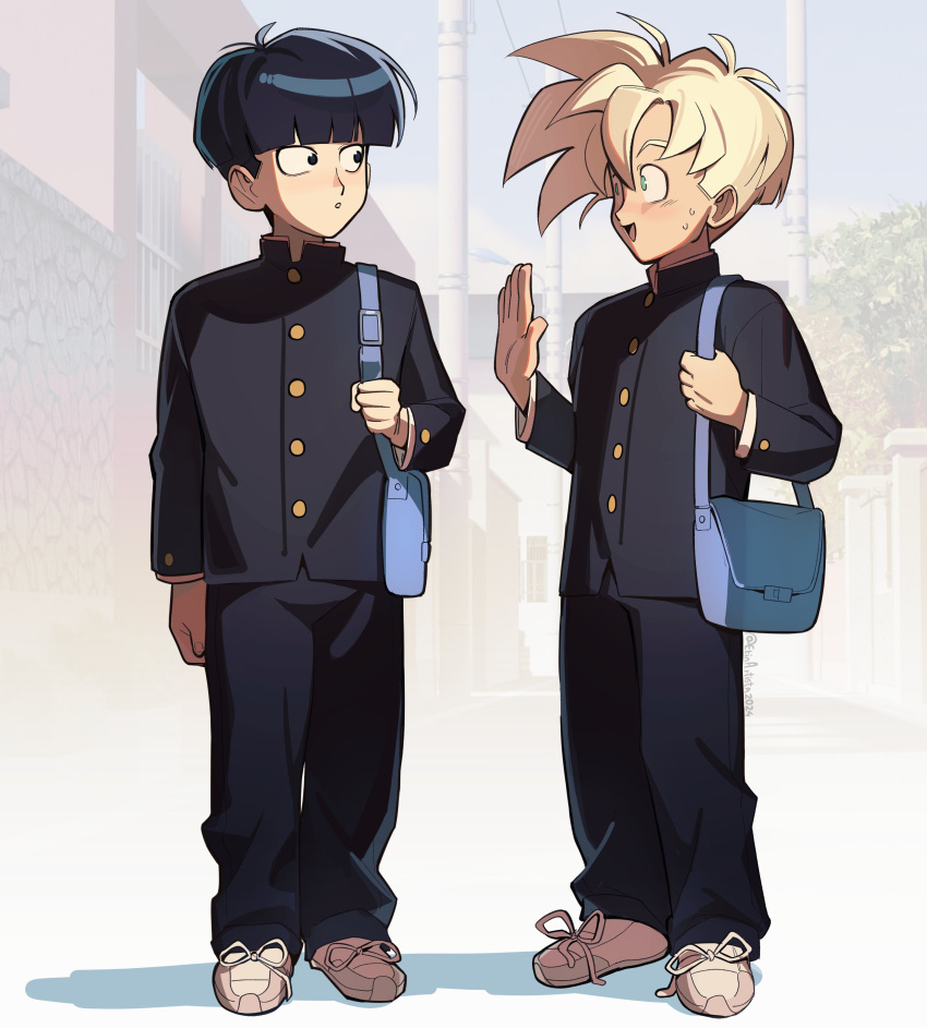 2boys, absurdres, aged_down, arm_up, bag, black_hair, black_jacket, black_pants, blonde_hair, blunt_bangs, blush, building, buttons, clenched_hand, crossover, curtained_hair, english_commentary, erinartista, full_body, gakuran, green_eyes, hair_between_eyes, high_collar, highres, jacket, kageyama_shigeo, lamppost, light_blush, looking_at_another, male_focus, microsoft_windows, mob_psycho_100, multiple_boys, nose, nose_blush, open_mouth, outdoors, pants, parted_bangs, school_bag, school_uniform, shadow, shoulder_bag, son_gohan, super_saiyan, super_saiyan_1, sweat, tree, turning_head, white_footwear