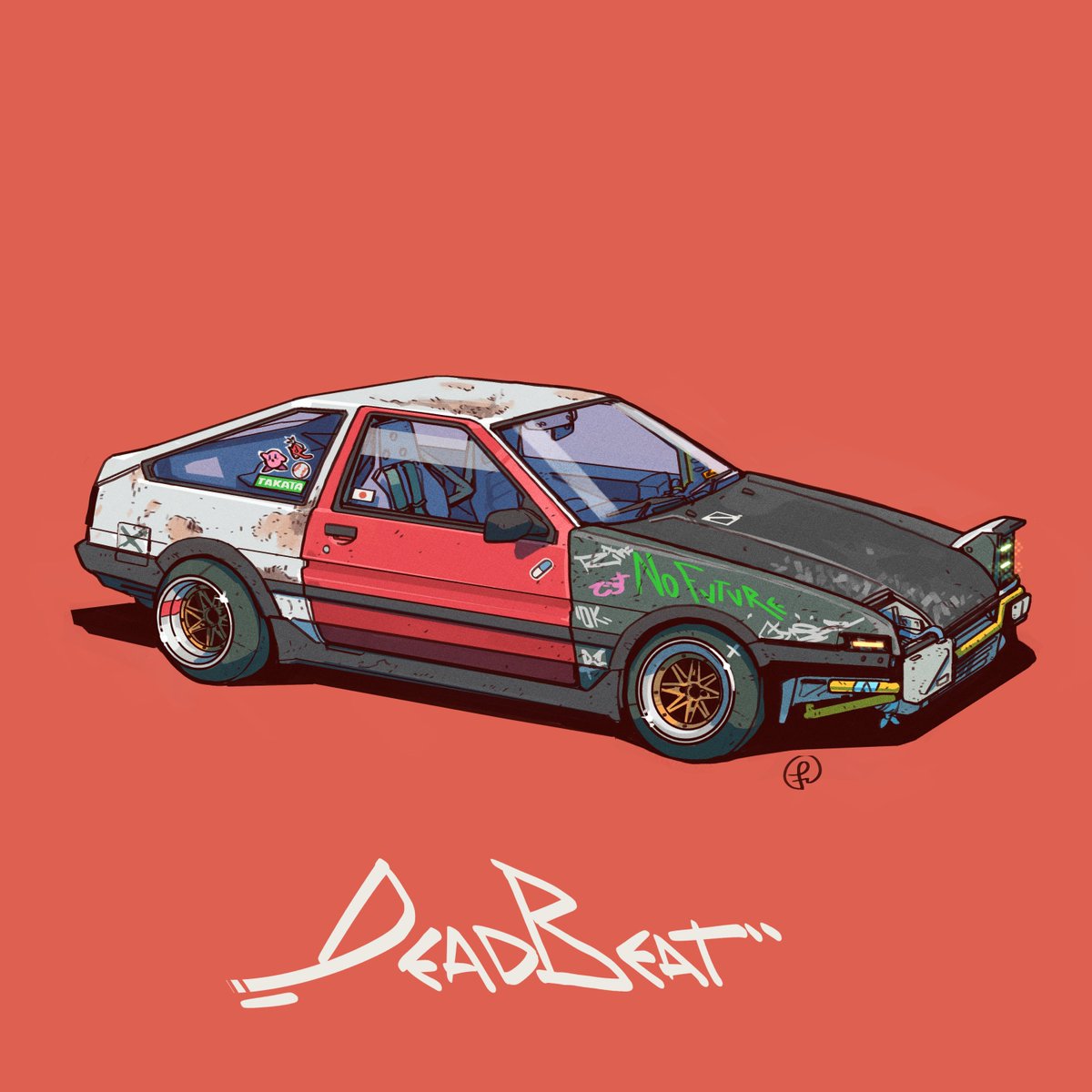car, damaged, english_commentary, fernando_correa, highres, japanese_flag, kirby, kirby_(series), motor_vehicle, no_humans, original, red_background, shadow, simple_background, single_pop-up_headlight, sticker, toyota, toyota_sprinter_trueno, vehicle_focus
