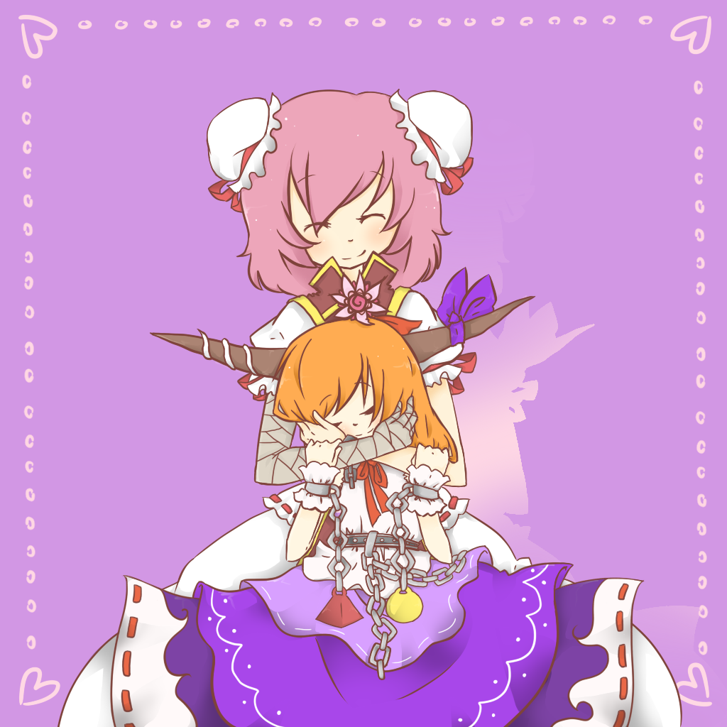 2_girls, bandages, chains, closed_eyes, double_bun, flower, horns, ibara_kasen