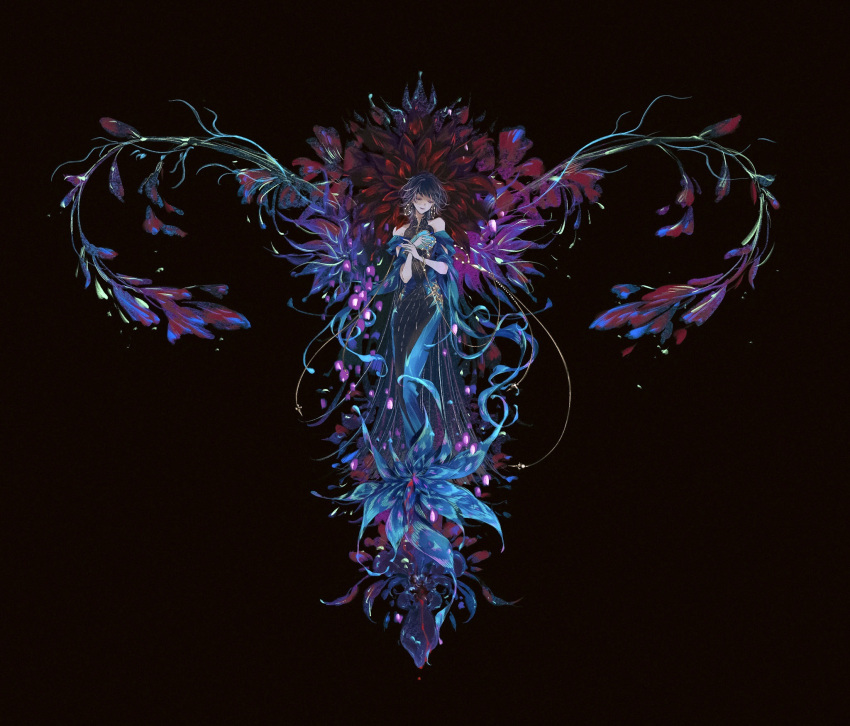 1girl, bare_shoulders, black_background, black_dress, black_hair, blue_dress, blue_shawl, bracelet, chinese_commentary, closed_eyes, commentary, dahlia, dress, earrings, enfer_(path_to_nowhere), fallopian_tubes, flower, full_body, gold_bracelet, gold_earrings, gown, highres, hobble_dress, hoop_earrings, jewelry, long_hair, mitsukyou, multicolored_hair, path_to_nowhere, plant, shawl, simple_background, smile, solo, streaked_hair, symbolism, two-tone_dress, uterus, very_long_hair, vines