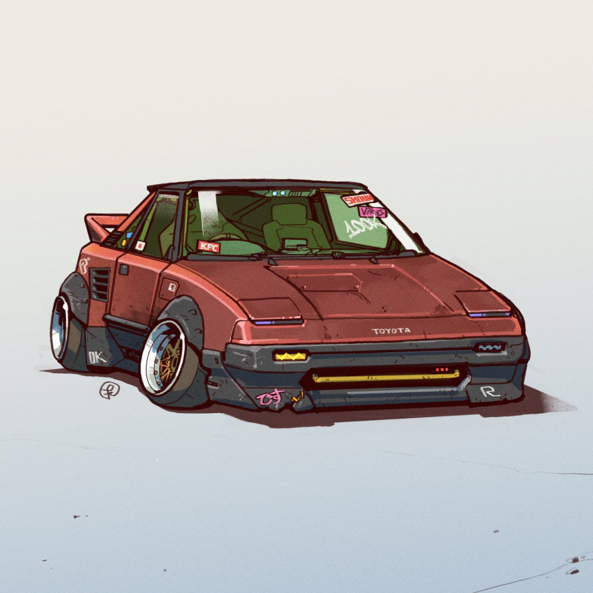 car, fernando_correa, grey_background, highres, japanese_flag, kfc, motor_vehicle, no_humans