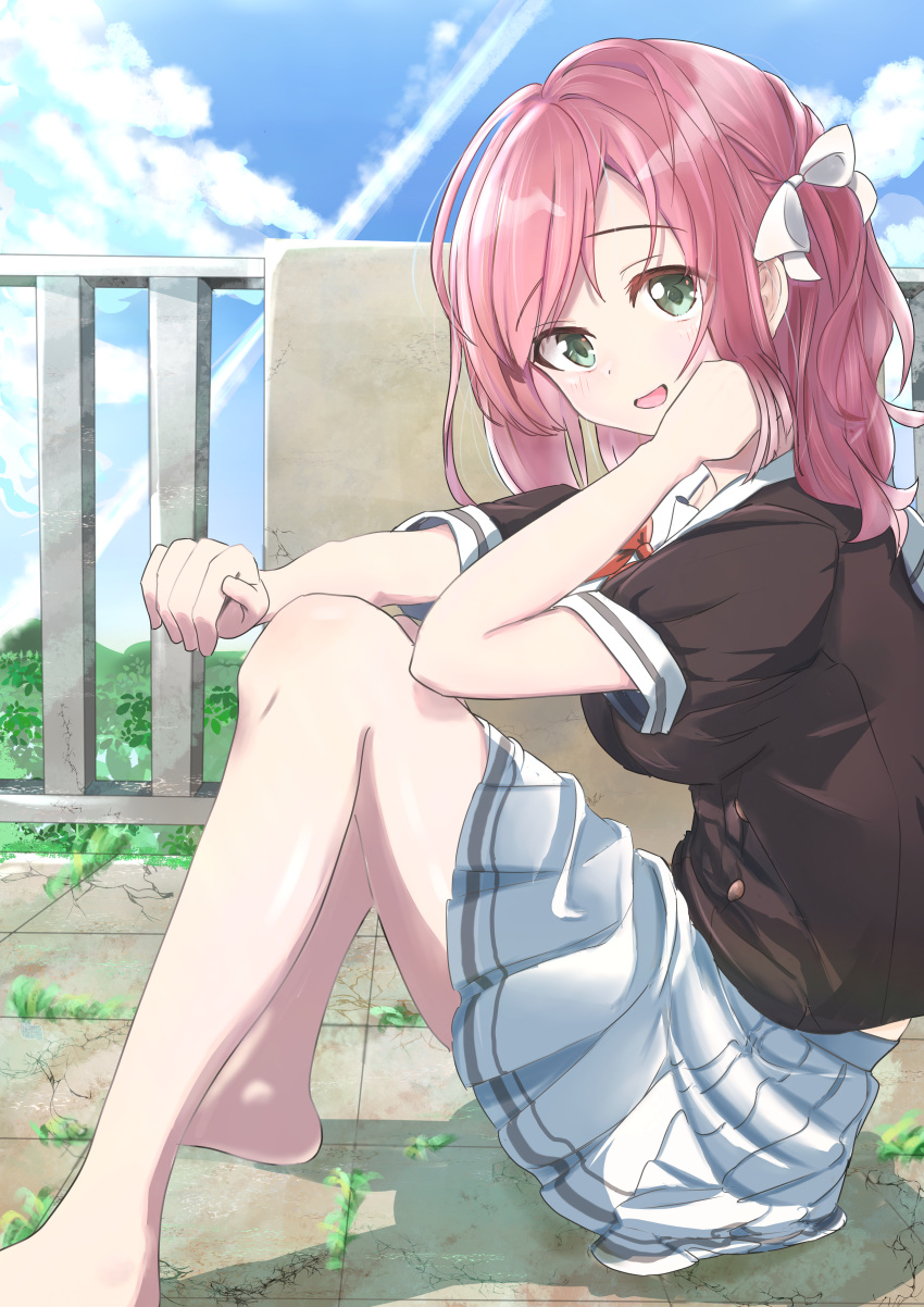 1girl, :d, absurdres, atri-my_dear_moments-, barefoot, blue_sky, blush, bow