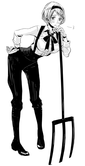 boots, hairband, kmgk, monochrome, overalls, pitchfork, ribbon, short_hair