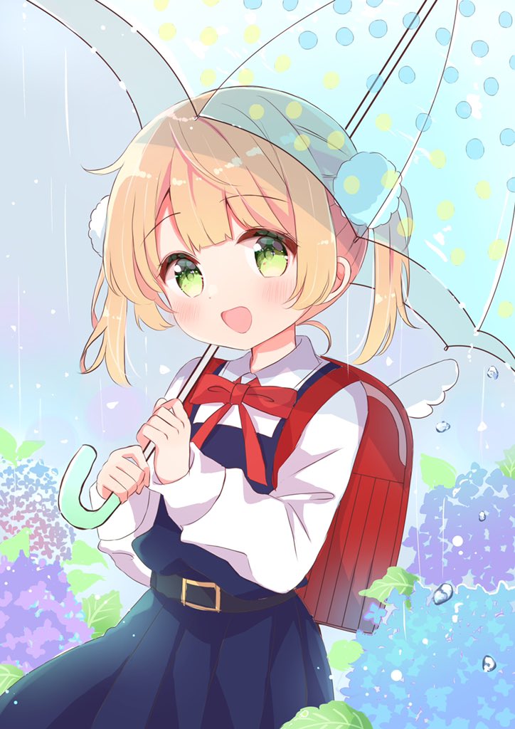 backpack, bag, belt, blue_dress, bow, bowtie, collared_shirt, dress, dress_shirt, flower, green_eyes, hair_ornament, holding, holding_umbrella, hydrangea, indie_virtual_youtuber, light_brown_hair, long_sleeves, nanami_ayane_(kusunoki5050), open_mouth, pinafore_dress, pleated_dress, polka_dot, polka_dot_umbrella, pom_pom_(clothes), pom_pom_hair_ornament, rain, randoseru, red_bag, red_bow, red_bowtie, school_uniform, shigure_ui_(vtuber), shigure_ui_(vtuber)_(young), shirt, short_hair, sleeveless, sleeveless_dress, smile, transparent, transparent_umbrella, twintails, umbrella, water_drop, white_shirt