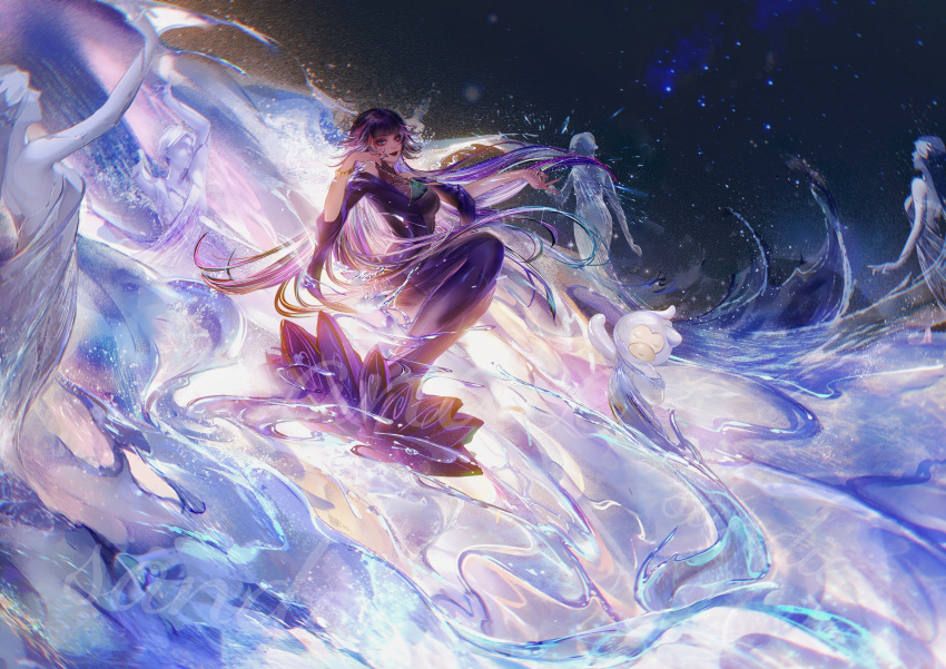 1girl, absurdres, artist_name, bare_shoulders, black_hair, black_lips, blue_dress, blue_eyes