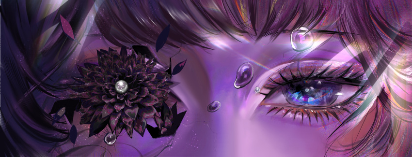 1girl, absurdres, aegyo_sal, air_bubble, black_flower, black_hair, blue_eyes, bojiang