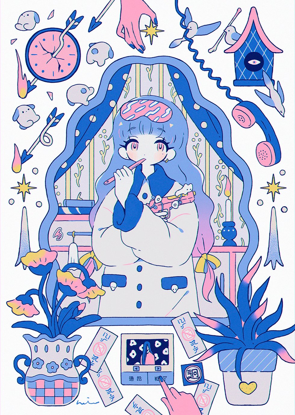 1girl, analogous_colors, arrow_(projectile), bird, blue_nails, blunt_bangs, broken, brushing_teeth