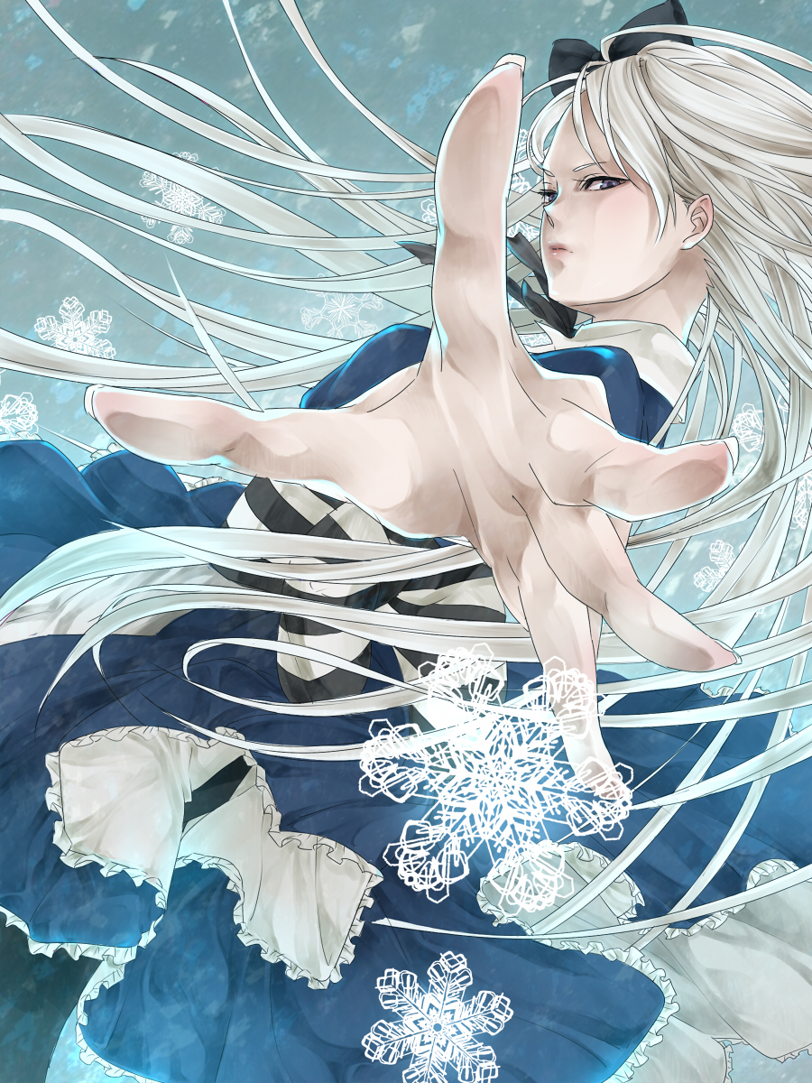 bad_id, belarus_(hetalia), blue_dress, dress, hair_ribbon, highres, long_hair, pantyhose, purple_eyes, ribbon, rmtsm, silver_hair, snowflakes, solo, very_long_hair, violet_eyes, white_hair