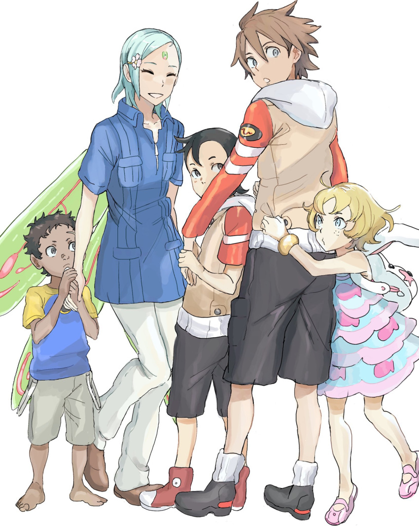 2girls, 3boys, aqua_hair, backpack, bag, bangle, barefoot, black_footwear