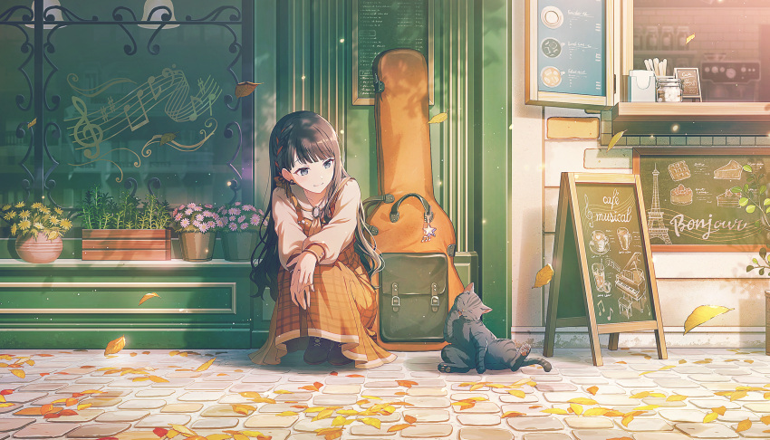 1girl, animal, autumn, autumn_leaves, back_bow, bass_clef, beamed_eighth_notes, black_cat, black_hair, blunt_bangs, boots, bow, box, braid, braided_bangs, brooch, brown_dress, brown_footwear, brown_neckerchief, cafeteria, cake, cappuccino, cat, ceiling_light, chalk_drawing, charm_(object), cheesecake, closed_mouth, coffee, coffee_maker, coffee_mug, colorful_palette, counter, creamer_(vessel), cross-laced_footwear, cup, dappled_sunlight, day, dot_nose, double_horizontal_stripe, dress, drinking_glass, drinking_straw, earrings, eiffel_tower, eighth_note, espresso_machine, evening, facing_viewer, fingernails, flower, flower_earrings, flower_pot, food, game_cg, grey_eyes, grey_sailor_collar, grey_shirt, guitar_case, hair_behind_ear, hair_bow, hair_over_shoulder, hair_ribbon, half-closed_eyes, hands_on_own_knees, hanging_light, happy, happy_enjoy_music!_(project_sekai), highres, hoshino_ichika_(project_sekai), ice_cub, iced_tea, instrument, instrument_case, jar, jewelry, lace-up_boots, latte_art, leaf, licking, licking_paw, licking_self, light_particles, long_dress, long_hair, long_sleeves, looking_at_animal, looking_at_another, menu, menu_board, mug, multicolored_hair, musical_note, musical_note_charm, napkin, napkin_holder, neckerchief, official_alternate_costume, official_alternate_hairstyle, official_art, orange_hair, orange_ribbon, outdoors, own_hands_together, pavement, piano, piano_bench, pink_flower, plaid_clothes, plaid_dress, plant, plastic_spoon, project_sekai, pudding, puffy_long_sleeves, puffy_sleeves, quarter_note, ribbon, road, sailor_collar, sailor_shirt, saucer, sett, shadow, sharp_sign, shelf, shirt, shop, short_braid, sign, single_braid, single_horizontal_stripe, sleeveless, sleeveless_dress, smile, solo, squatting, staff_(music), star_charm, stirrer, storefront, strawberry_shortcake, streaked_hair, street, sugar_cube, sunlight, tabby_cat, third-party_source, tile_wall, tiles, tongue, tongue_out, treble_clef, tsurime, v_arms, waffle, wavy_hair, whiskers, wide_shot, window, wooden_box, yellow_flower