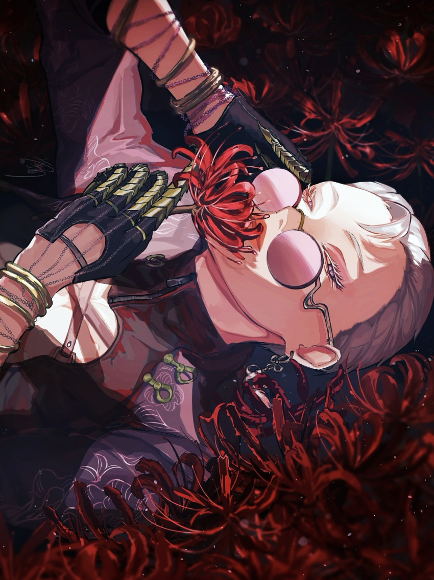 1girl, a.k.i._(street_fighter), bracelet, claw_ring, commentary, earrings, flower, gold_bracelet, highres, holding, holding_flower, jewelry, lying, official_alternate_costume, on_back, red_spider_lily, round_eyewear, short_hair, solo, street_fighter, street_fighter_6, takai_misa, too_many_flowers, white_eyelashes, white_hair