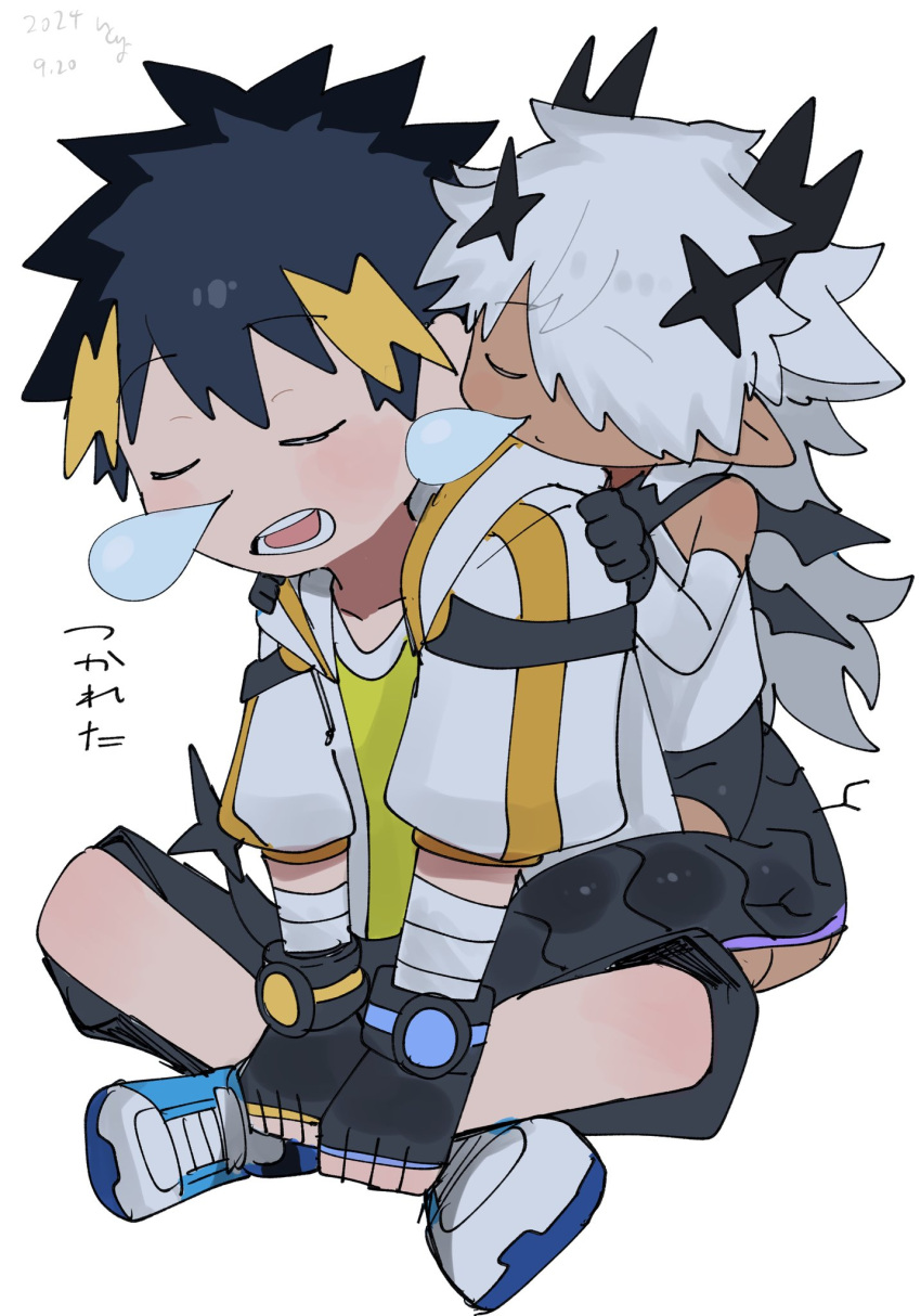 1boy, 1girl, aged_down, black_gloves, black_hair, dark-skinned_female, dark_skin, dragon_girl