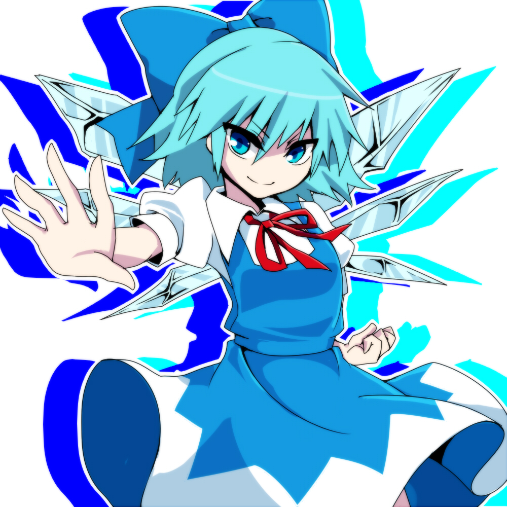 bad_id, blue_eyes, blue_hair, bow, cirno, dress, fighting_stance, hair_bow