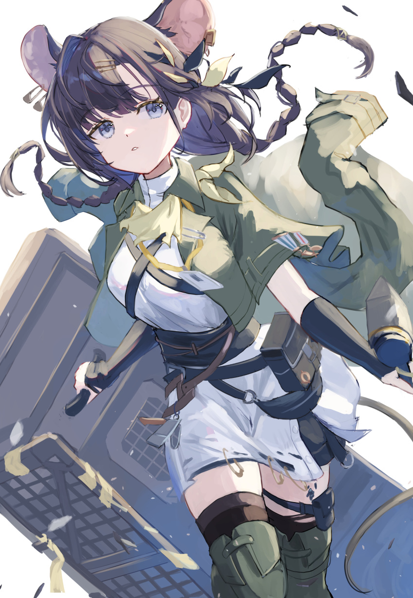 1girl, absurdres, animal_ears, arknights, black_hair, black_thighhighs, boots, braid