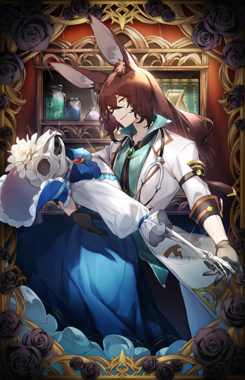 1boy, animal_ear_fluff, animal_ears, black_gloves, black_necktie, brown_hair, coat, crossed_bangs