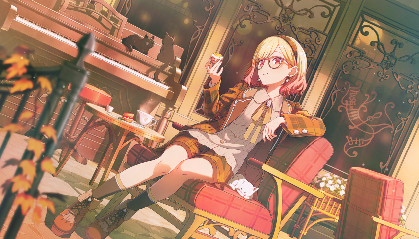 1girl, animal, ankle_boots, arm_rest, armchair, autumn_leaves, bespectacled, black_cat