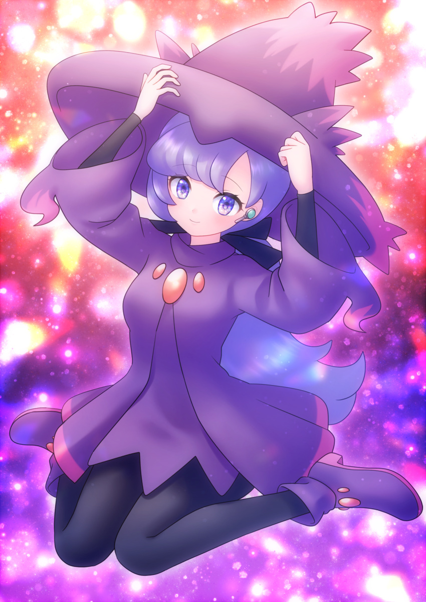 1girl, absurdres, alternate_costume, anabel_(pokemon), arms_up, black_pantyhose, black_shirt, boots, closed_mouth, commentary_request, cosplay, dress, earpiece, full_body, hat, highres, katsuonoeboebo, looking_at_viewer, mismagius, mismagius_(cosplay), pantyhose, pokemon, pokemon_sm, purple_dress, purple_footwear, purple_hair, purple_hat, shirt, smile, solo, violet_eyes