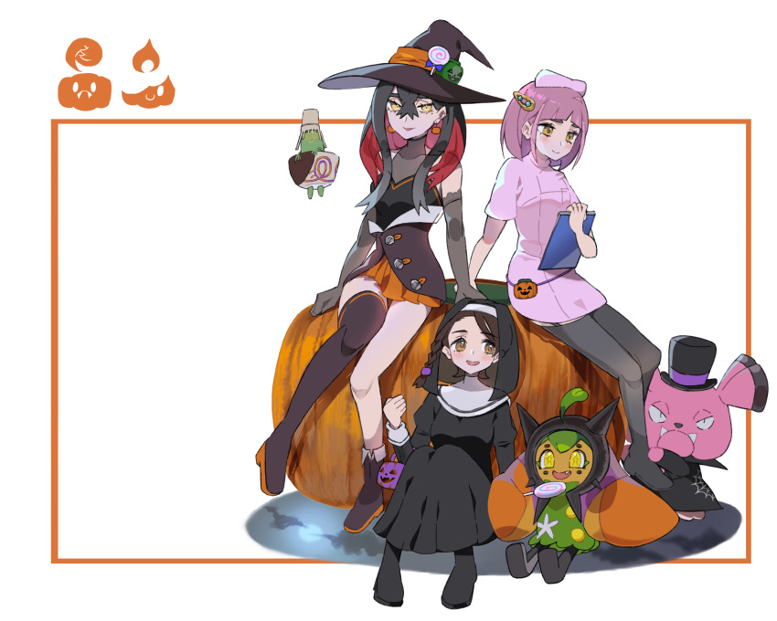 3girls, absurdres, alternate_costume, ao_hito, carmine_(pokemon), clipboard, commentary, dress