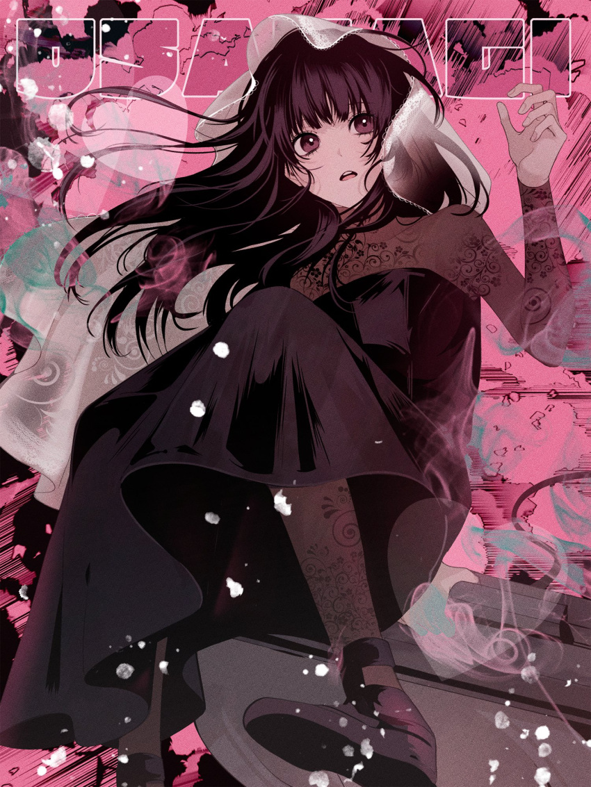 1girl, black_dress, black_eyes, black_hair, dress, highres, lace-trimmed_veil, lace_sleeves, lace_trim, long_hair, long_sleeves, looking_to_the_side, osaragi_(sakamoto_days), patterned_clothing, sakamoto_days, see-through_clothes, see-through_sleeves, solo, sum_i, veil