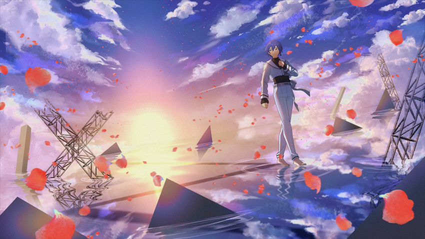 1boy, 25-ji_kaito, 25-ji_nightcord_de._(project_sekai), 6v6_1212, ano_hi_kanadeta_neiro_wo_(project_sekai), arm_at_side, backlighting, barefoot